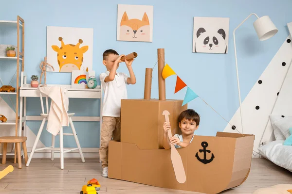 Funny Little Boys Playing Cardboard Ship Home — Stock Photo, Image