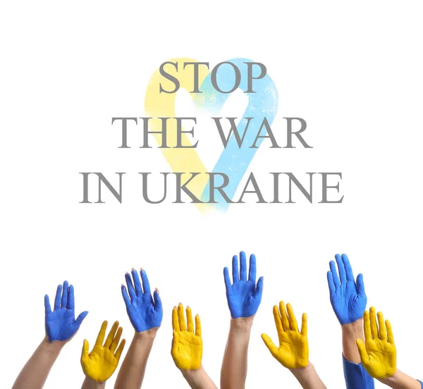 Mãos Pintadas Cores Bandeira Ucraniana Sobre Fundo Branco Parem Guerra — Fotografia de Stock