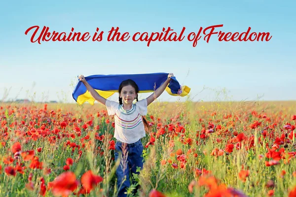 Running Little Girl Ukrainian Flag Poppy Field Ukraine Capital Freedom — Stock Photo, Image