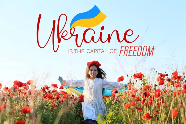 Running Little Girl Ukrainian Flag Poppy Field Ukraine Capital Freedom — Stock Photo, Image