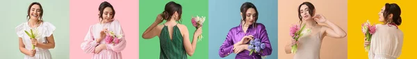 Colagem Com Mulher Muito Jovem Segurando Buquê Belas Flores Jacinto — Fotografia de Stock