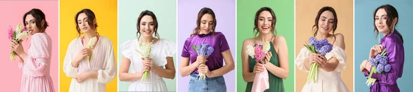 Colagem Com Mulher Muito Jovem Segurando Buquê Belas Flores Jacinto — Fotografia de Stock