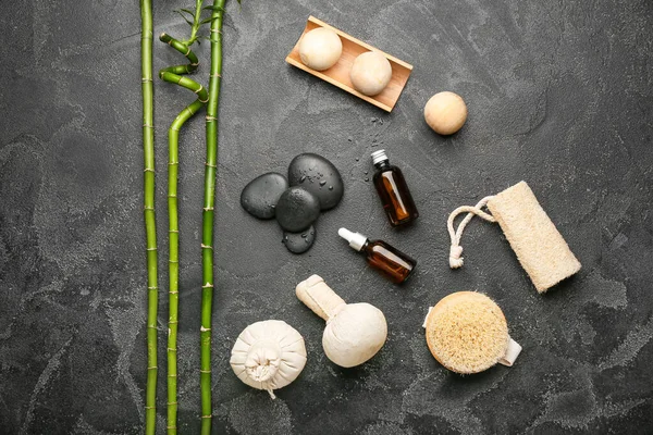 Spa Composition Bathing Supplies Essential Oil Stones Dark Background — Stock Photo, Image