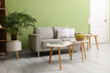 Gri kanepeli, masalı ve meyve sepetli aydınlık oturma odasının içi.