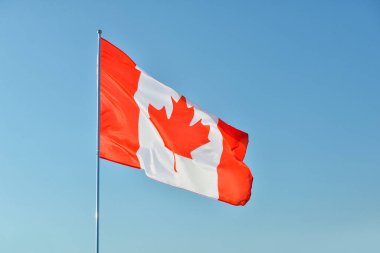 Mavi gökyüzüne karşı Kanada bayrağı sallıyor