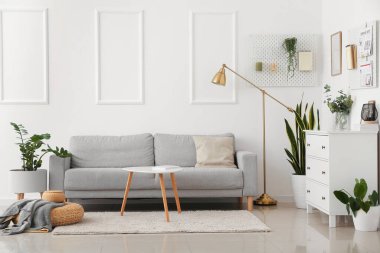 Oturma odasının içinde kanepe ve asma tahtalar var.