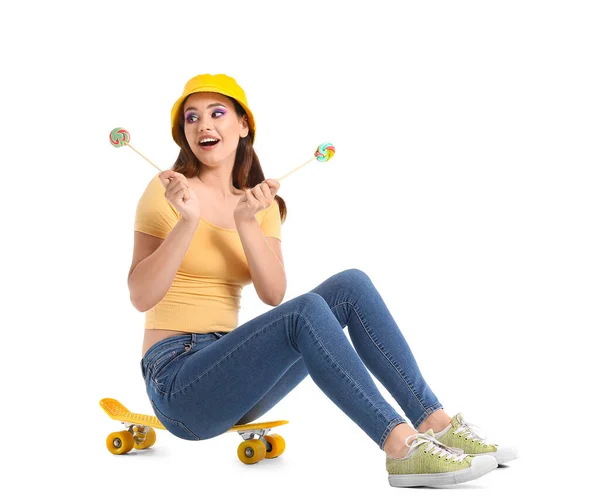 Young Woman Bucket Hat Lollipops White Background — Stock Photo, Image