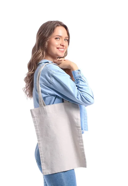 Pretty Young Woman Eco Bag White Background — Stock Photo, Image