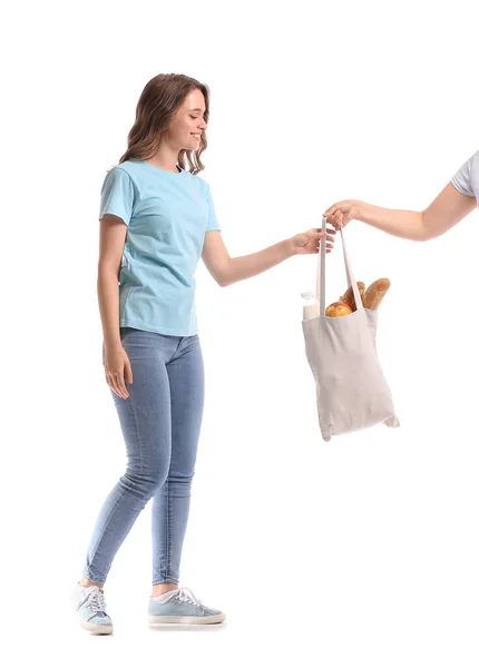 Young Woman Taking Eco Bag Food Drink White Background — Stock Photo, Image