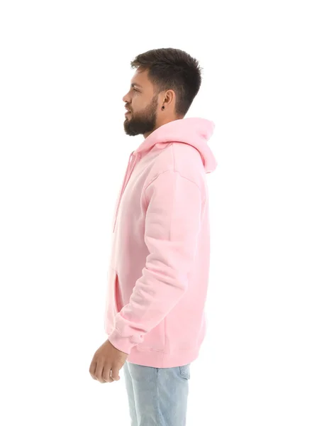 Handsome Man Pink Hoodie White Background — Stock Photo, Image