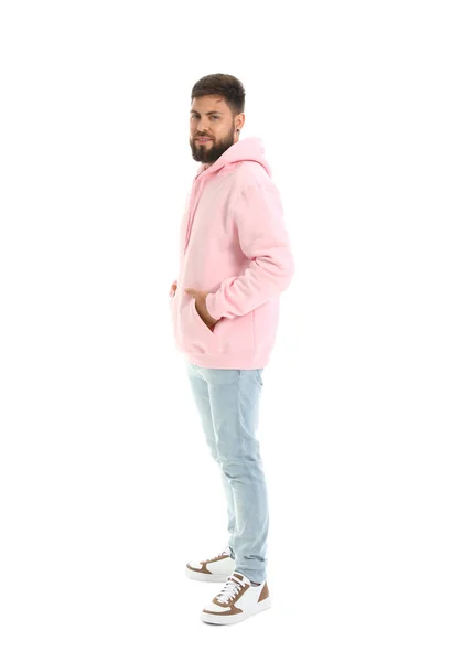 Hombre Guapo Con Capucha Rosa Sobre Fondo Blanco — Foto de Stock