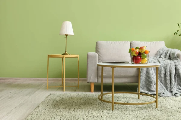 Interior Living Room Grey Sofa Tables Fruit Basket — Stock Photo, Image