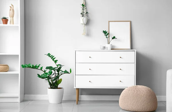 Chest Drawers Houseplants Beige Pouf Light Wall — Stock Photo, Image