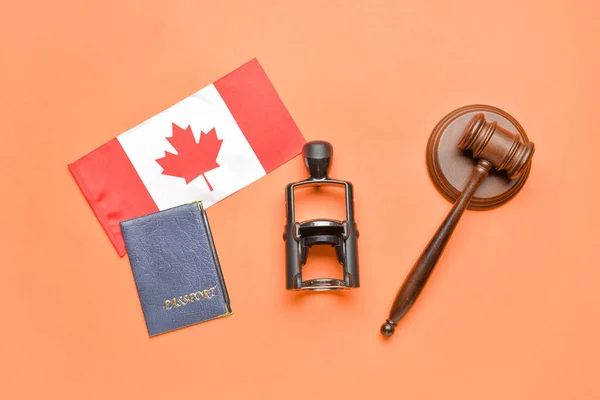 Canadian Flag Stamp Passport Judge Gavel Red Background — Stock Photo, Image