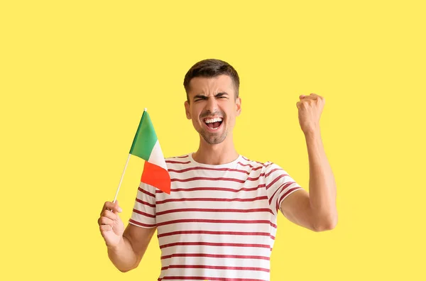 Emotional Young Man Italian Flag Color Background — Stockfoto