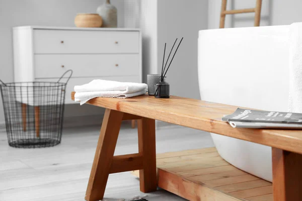 Wooden Bench Reed Diffuser Towel Bathroom — Stock Photo, Image