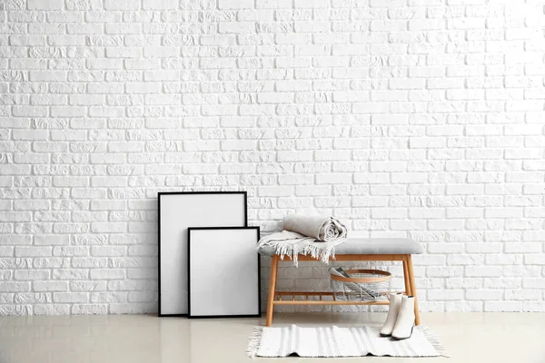 Soft Bench Plaid Basket Shoes Blank Frames White Brick Wall — Stock Photo, Image