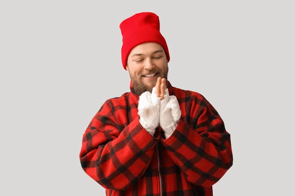 Young Bearded Man Warm Gloves Hat Light Background — Stock Photo, Image