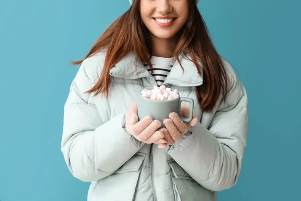 Young Woman Warm Gloves Cup Cocoa Blue Background — Stock Photo, Image