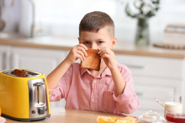 Mutfakta kızarmış ekmek dilimi olan şirin bir çocuk.