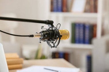 Modern mikrofonla odada durun, yakın plan.