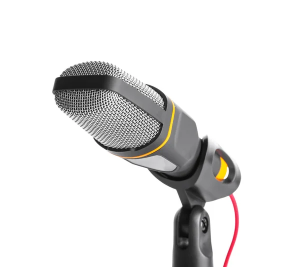 Ständer Mit Modernem Mikrofon Auf Weißem Hintergrund Nahaufnahme — Stockfoto