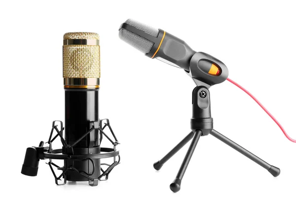 Stands Modern Microphones White Background — Stock Photo, Image