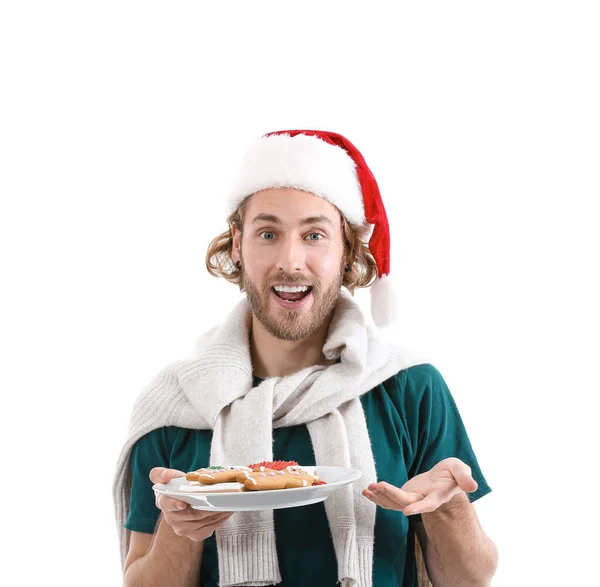 Young Man Santa Hat Holding Plate Gingerbread Cookies White Background — Stock Photo, Image