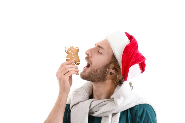 Young Man Santa Hat Gingerbread Cookie White Background — Stock Photo, Image