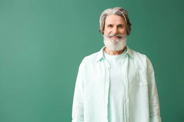 Bearded Senior Man Shirt Green Background — Stock Photo, Image