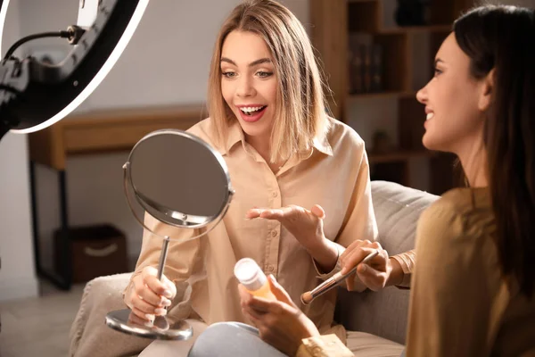Young Female Beauty Bloggers Recording Video Home — Stock Photo, Image