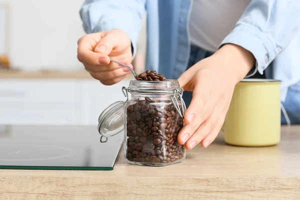 Young Woman Taking Coffee Beans Jar Counter Kitchen Closeup — Stock Photo, Image