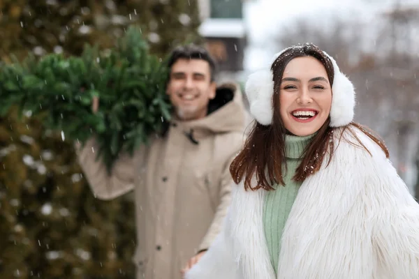 Happy Young Woman Snowy Winter Day Closeup — Stock Photo, Image