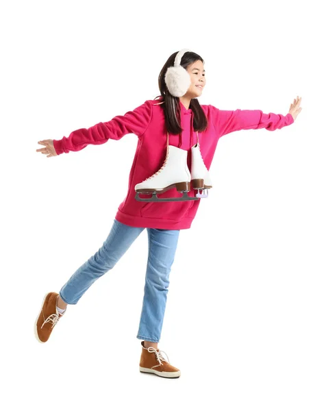 Little Asian Girl Earmuffs Ice Skates White Background — Stock Photo, Image