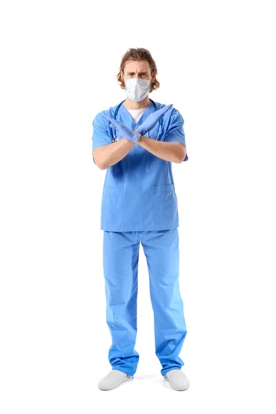 Male Doctor Showing Stop Gesture White Background — Stock Photo, Image