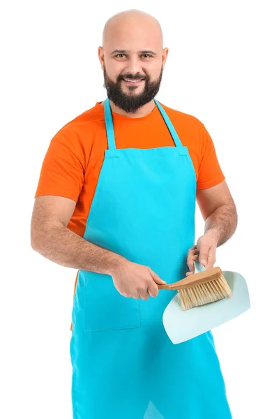 Hombre Calvo Con Cepillo Recogedor Aislado Blanco — Foto de Stock