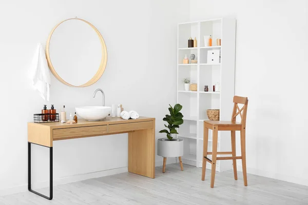 Stylish Interior Bathroom Different Supplies Modern Sink White Wall — Stock Photo, Image