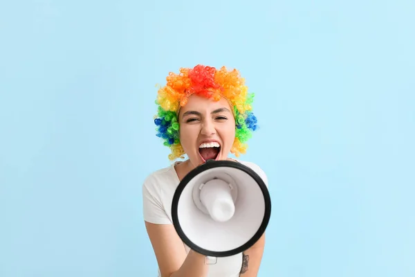 Funny Young Woman Colorful Wig Megaphone Blue Background April Fools — Stock Photo, Image
