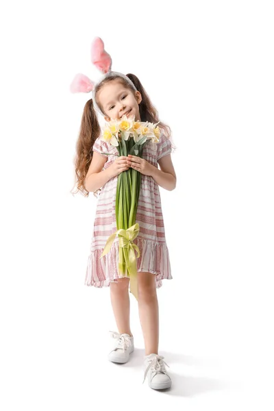 Cute Little Girl Bunny Ears Flowers White Background — Stock Photo, Image