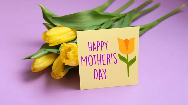 Pozdrowienia Dzień Matki Bukiet Pięknych Żółtych Tulipanów Tle Koloru — Zdjęcie stockowe