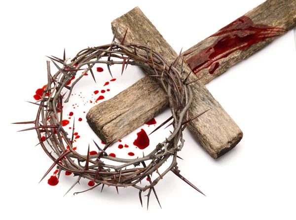 Trnová Koruna Dřevěný Kříž Kapky Krve Bílém Pozadí Oběť Ježíše — Stock fotografie