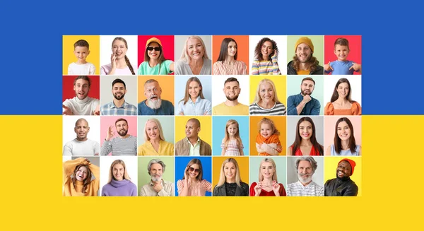 Portrék Sok Különböző Emberek Ellen Zászló Ukrajna — Stock Fotó