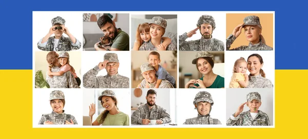 Ritratti Diversi Soldati Dei Loro Figli Contro Bandiera Dell Ucraina — Foto Stock