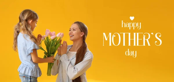 Little Girl Greeting Her Mom Yellow Background Space Text Mother — Stock Photo, Image
