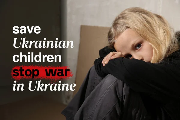 Retrato Menina Triste Texto Salvar Crianças Ucrânias Parar Guerra Ucrânia — Fotografia de Stock