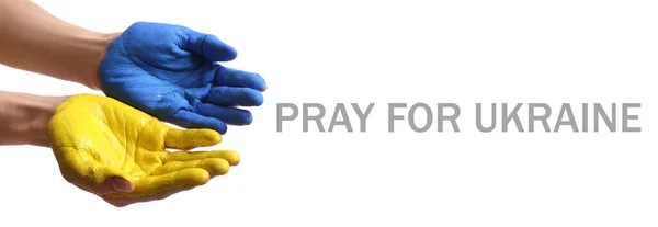Palms Festett Színek Ukrán Zászló Szöveg Imádkozz Ukrain Fehér Háttér — Stock Fotó