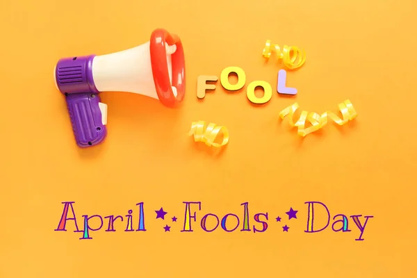 Composition Megaphone Word Fool Orange Background April Fool Day Celebration — Stock Photo, Image