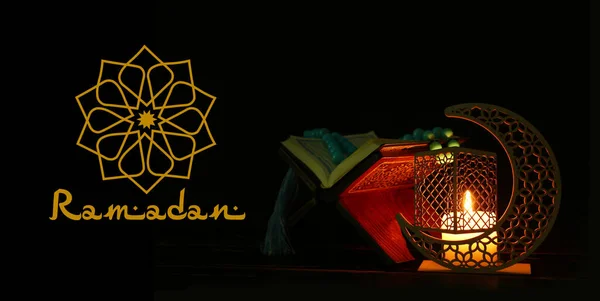 Üdvözlőlap Ramadan Arab Gyertyatartóval Ima Gyöngyök Korán Fekete Alapon — Stock Fotó