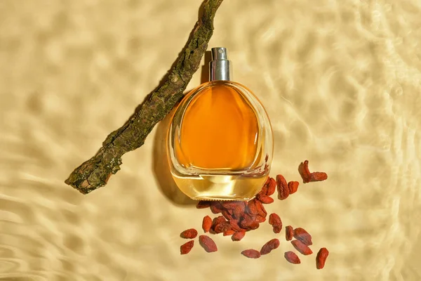 Fles Van Houtachtige Parfum Lichte Kleur Achtergrond Bovenaanzicht — Stockfoto
