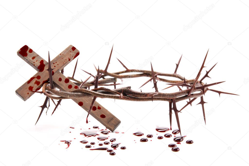 Crown of thorns, wooden cross and blood drops on white background. Jesus Christ's sacrifice and atonement of our sins